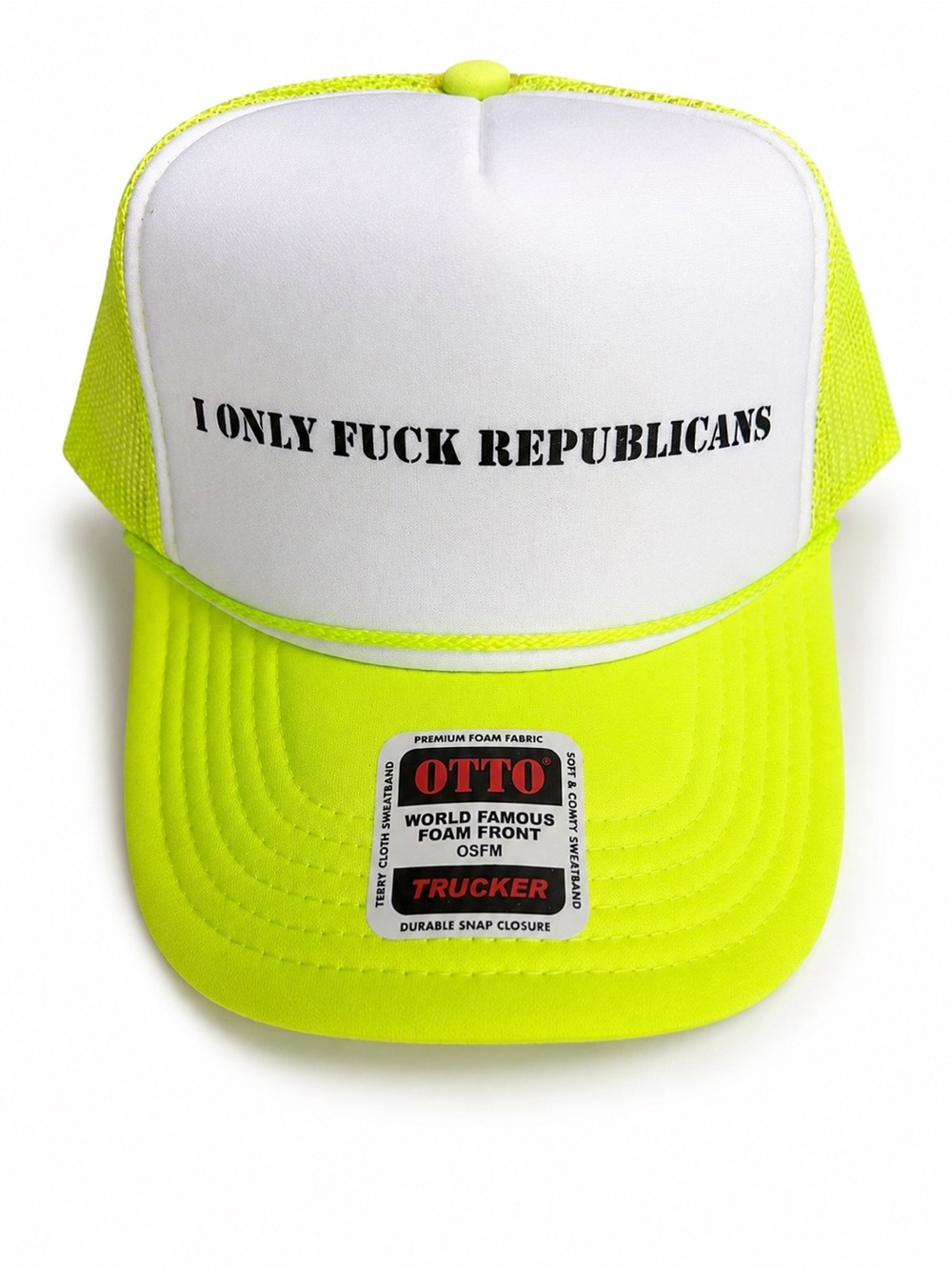 OTTO Neon Yellow & White Trucker Hat with Bold Front Slogan
